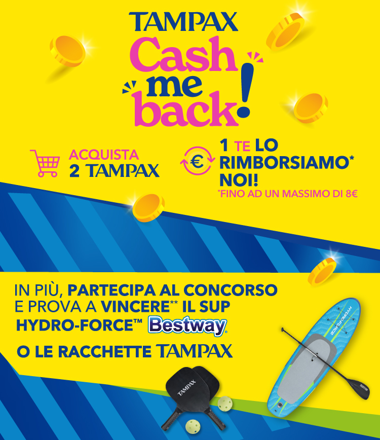 Immagine per smartphone che spiega la meccanica dell'iniziativa Cash me Back! Con l'acquisto di 2 prodotti ricevi il rimborso del meno caro e in più partecipi al concorso. In palio un Sup Bestway e un set di racchette da Padel
